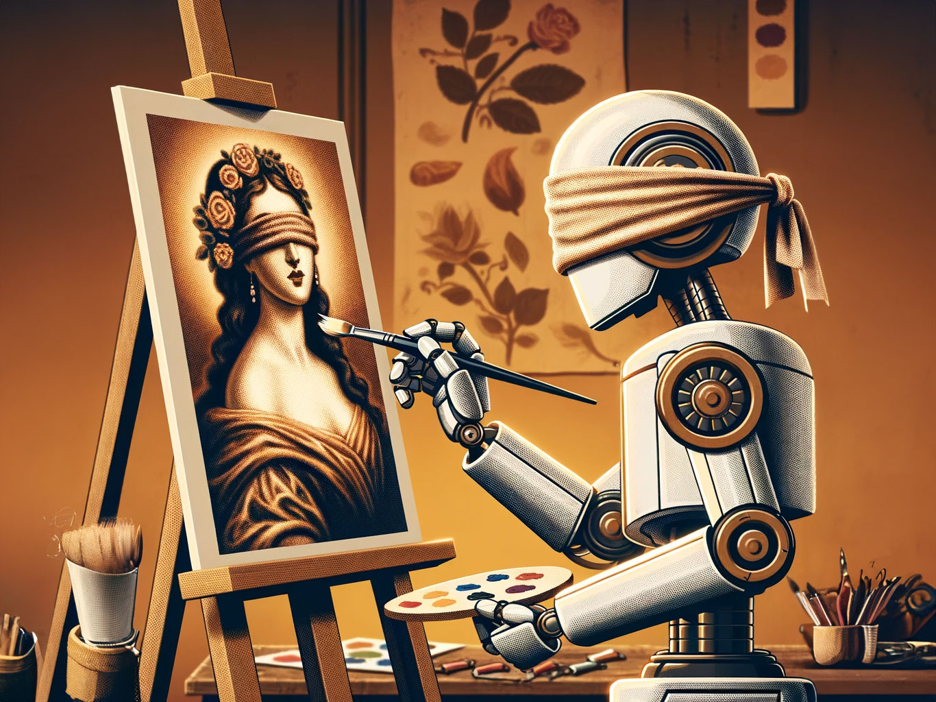Ein KI-generiertes Bild in warmen Farben. Ein Roboter mit verbundenen Augen steht vor einer Staffelei und malt mit einem Pinsel das Bild einer Frau, die ebenfalls eine Augenbinde trägt.