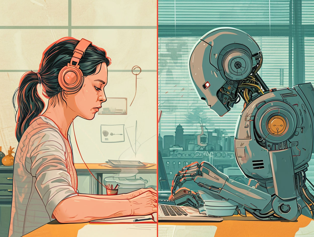 Ein in der Mitte zweigeiltes Bild. Auf der linken Seite arbeitet eine junge Frau mit Kopfhöhrern auf den Ohren an einem Laptop. Auf der rechten Seite sieht man einen Roboter bei derselben Tätigkeit in einer identischen Haltung.