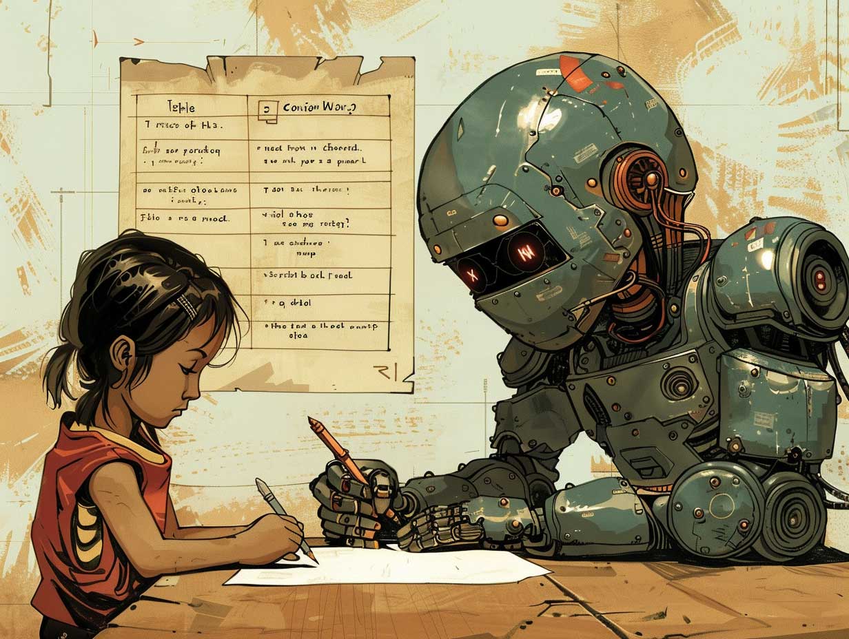 Ein KI-generiertes Bild im Stil einer Kreidezeichnung. Ein schwarzhaariges ungefähr 6-jähriges Mädchen und ein Roboter sind beide über ein Blatt Papier gebeugt. Beide halten einen Stift in der Hand.