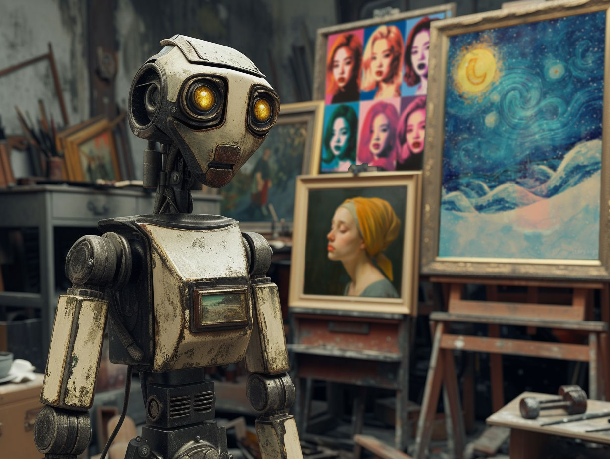 Ein KI-generiertes Bild eines Roboters,der in einem Atelier vor einer Reihe von Gemälden steht. Alle Gemälde sind als Plagiate berühmter Werke wie Vermeers "Mädchen mit dem Perlenohrringen" oder Van Goghs "Sternennacht" zu erkennen.