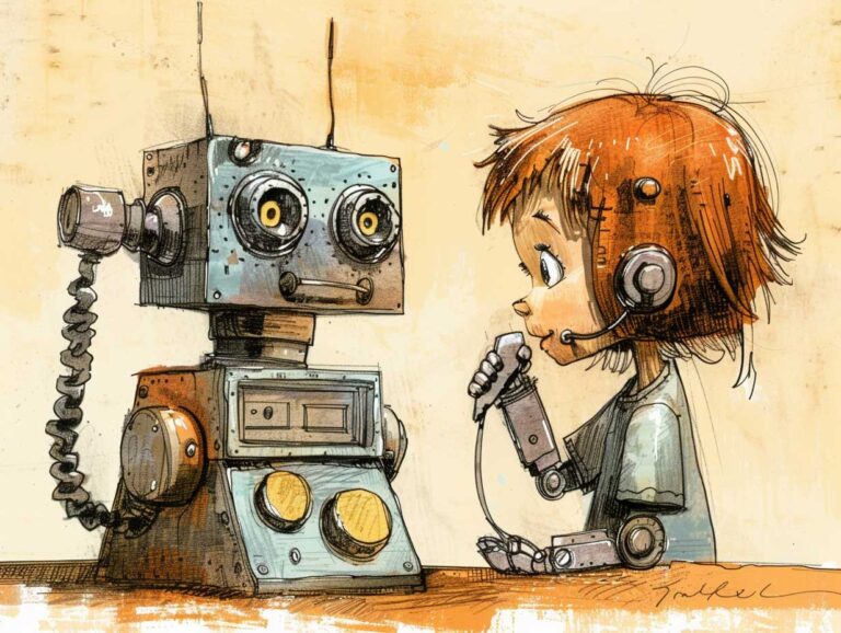 Ein Kind spricht in ein Gerät und blickt zu deinem Roboter, der neben ihm auf dem Tisch steht. Der Roboter hat am Ohr ein Gerät, das mit einem Kabel mit dem Sprechgerät verbunden ist.