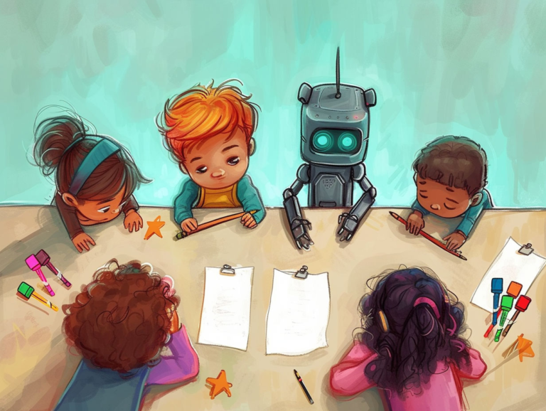 Ein KI-generiertes Bild im Stil einer einfachen Illustration aus einem Kinderbuch. Fünf Kinder sitzen kreisförmig an ihrem Tisch, vor ihnen liegen Blätter Papier und Schreibmaterial. Ein kleiner Roboter sitzt gemeinsam mit ihnen im Kreis.