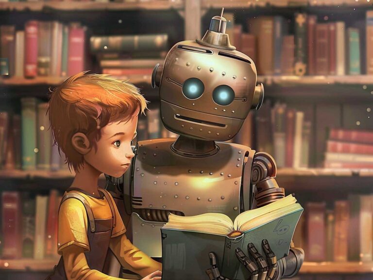 Ein KI-generiertes Bild im Stil gerenderter Zeichentrickfilme. Ein Kind und ein Roboter stehen in einer Bibliothek. Beide lesen in einem Buch, das der Roboter in seiner Hand hält.