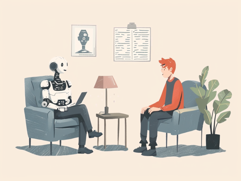 KI-generiertes Bild im Illustrationsstil, ein Schülers wird von einem Roboter interviewt.